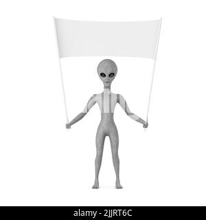 Scary Grey Humanoid Alien Cartoon personaggio persona Mascot e Banner bianco vuoto con spazio libero per il tuo disegno su uno sfondo bianco. 3D rende Foto Stock