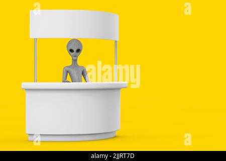 Scary Gray umanoide Alien Cartoon personaggio persona Mascot e vuoto promozione Stand con spazio libero per il tuo disegno su uno sfondo giallo. 3D Renderi Foto Stock