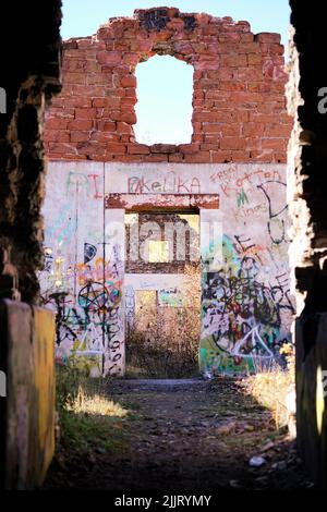 Un colpo verticale delle rovine di una vecchia fabbrica di formaggio pareti ricoperte di graffiti colorati a Houghton, Michigan, USA Foto Stock