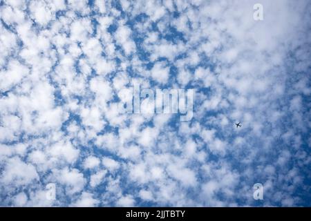 Il 24th luglio 2022, a Londra, in Inghilterra, un aereo di linea a getto singolo vola attraverso i cieli del sud di Londra, con la sua forma che si staglia contro le formazioni di nubi di altocumuli. Altocumulus è una nube di media altitudine la cui altitudine è compresa tra 2.000 e 7.000 m (7.000–23.000 ft). Foto Stock