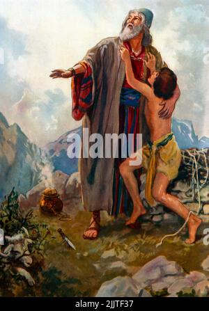 Il messaggio di Dio dice ad Abrahamo di non sacrificare la pittura di Isacco da Henry Coller Bible Story Foto Stock