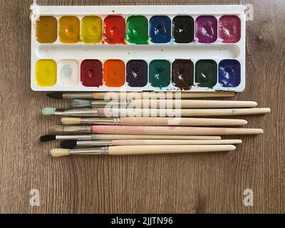 Set di pennelli con diverse pitture su opere d'arte, primo piano Foto stock  - Alamy