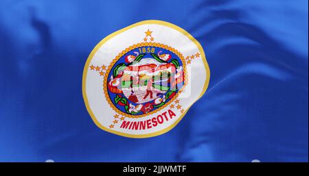 La bandiera di stato degli Stati Uniti del Minnesota sventola nel vento. Il Minnesota è uno stato dell'alta regione del Midwest degli Stati Uniti. Democrazia e indipendenza Foto Stock