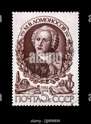 Mikhail Lomonosov (1711-1765), famoso scienziato russo, esploratore, astronomo, scrittore, Circa 1986. Timbro postale vintage stampato in URSS isolato Foto Stock