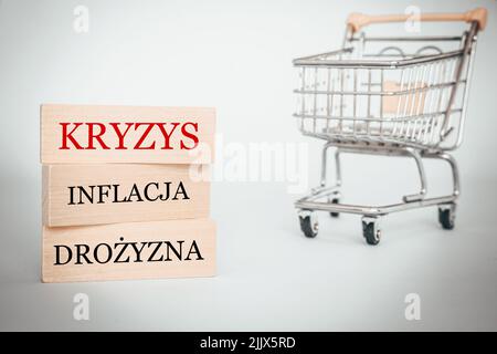 Slogan scritti su blocchi di legno in polacco, crisi, inflazione e prezzi elevati, Mini carrello, concetto, problemi economici in Polonia, aumento in p Foto Stock
