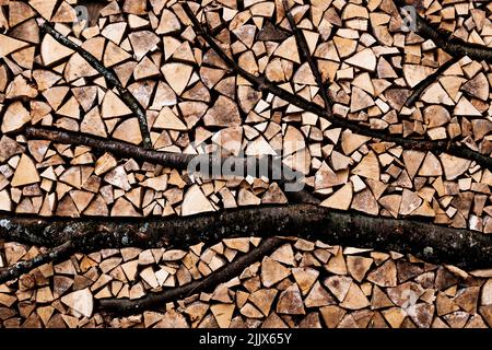 Pieno telaio di tronchi di albero spesso con rami scuri vicino a cumulo di boschi asciutti impilati in zona rurale di campagna Foto Stock