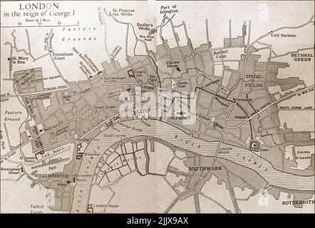 Una vecchia mappa di Londra al tempo di King George i, (circa 1700s) Foto Stock