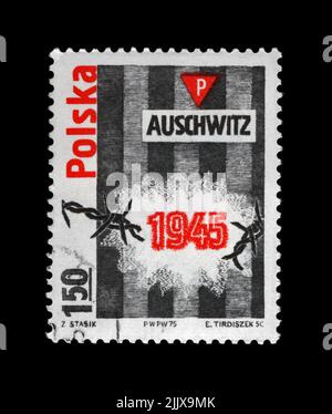 Campo di concentramento di Auschwitz, francobollo vintage cancellato stampato in Polonia, CIRCA 1975 Foto Stock