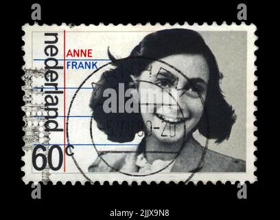 Ragazza ebrea Anne Frank (12 giu 1929–feb-mar 1945), 35th anni di liberazione dai tedeschi, circa 1980.canceled francobolli postali dei Paesi Bassi. Foto Stock