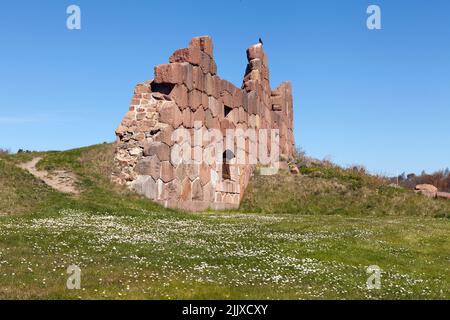 Vista di una fortezza in rovina nella Bomarsund, Aland. Un xix secolo fortezza costruita durante la Guerra di Crimea. Fiori questo lato. Foto Stock