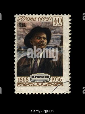 Maxim Gorky aka Alexei Maximovich Peshkov (1868-1936), famoso scrittore russo, drammaturgo, politico, circa 1958. Francobollo cancellato stampato in URSS Foto Stock