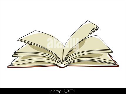 Disegno continuo di una linea di un libro aperto con pagine volanti. Illustrazione vettoriale delle forniture educative di ritorno a scuola. Foto Stock