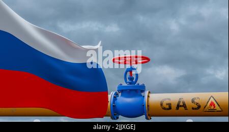 Russia gas, valvola sul principale gasdotto Russia, gasdotto con bandiera Russia, tubi di gas dalla Russia, 3D lavoro e 3D immagine Foto Stock