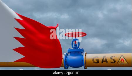 Gas Bahrain, valvola sul principale gasdotto Bahrain, gasdotto con bandiera Bahrain, tubi di gas dal Bahrain, lavoro 3D e immagine 3D Foto Stock