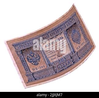 una banconota rublo, circa 1898. Biglietto di credito vintage superato prima della rivoluzione isolato su sfondo bianco. Foto Stock