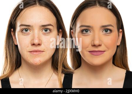 Ritratto comparativo di una donna senza e con trucco su sfondo bianco Foto Stock