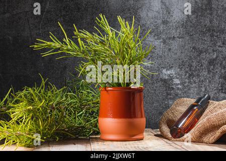 Su un tavolo di tavole di legno sono i rami di rosmarino e una tazza di terracotta con erbe. Da un lato, sdraiato su un sacco, è una bottiglia di oi essenziale Foto Stock