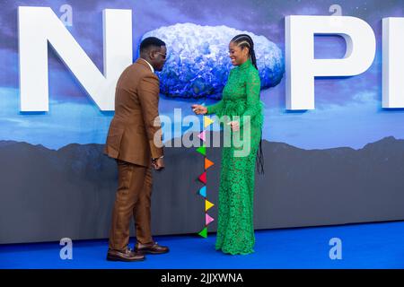 Londra, Regno Unito. 28 luglio 2022. I membri del cast (L) Daniel Kaluuya e Keke Palmer partecipano alla prima britannica del film ‘Nope’ a Odeon Leicester Square. Il film viene pubblicato nei cinema del Regno Unito il 12 agosto. Credit: Stephen Chung / EMPICS / Alamy Live News Foto Stock