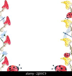 La composizione delle loro allegre agariche della mosca, insetti e fiori. Ladybug. Immagine raster. Sfondo bianco isolato. Foto Stock