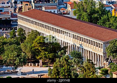 Vista parziale dell'antica Agora di Atene, con il 'focus' sulla Stoa (galleria) di Attalos. Grecia. Foto Stock