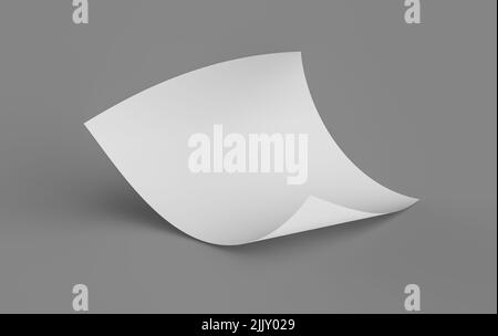 Un foglio di carta vuoto piegato, formato Mockup A4 con ombre su sfondo grigio, illustrazione 3D. Foto Stock