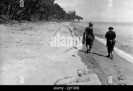 Piste da carro armato sulla spiaggia a Capo Endaidaire. Carri armati General Stuart con equipaggio australiano supportati da fanteria americana e australiana attacco Buna. Gennaio 02, 1943. (Foto del Dipartimento di informazione, Commonwealth of Australia). Foto Stock