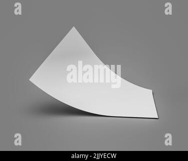 Un rendering 3D di una carta bianca piegata vuota in formato A4 su sfondo grigio Foto Stock