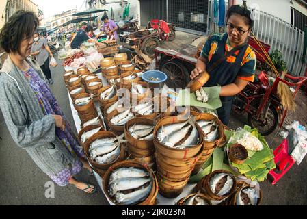 Vendita di sgombro fresco non identificato in una scatola di schiuma venduto in un mercato fresco banchi nel mercato di strada mattina nella campagna della Thailandia. Foto Stock