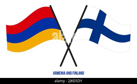 Bandiere di Armenia e Finlandia in stile piatto incrociato e ondeggiante. Proporzione ufficiale. Colori corretti. Foto Stock