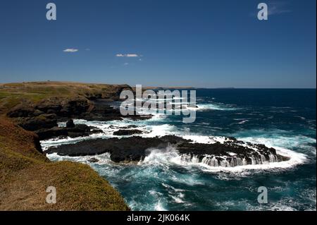 Guardando verso est lungo la costa sud di Phillip Island a Victoria, Australia, la vista è rocce e onde infrangenti, tipico di Bass Strait. Foto Stock