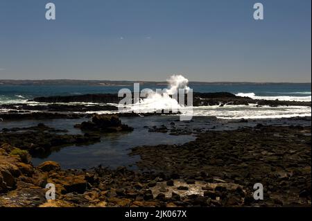 La costa rocciosa di Phillip Island a Victoria, Australia, che si affaccia sulla Baia di Westernport. L'isola ha alcune popolari spiagge sabbiose. Foto Stock