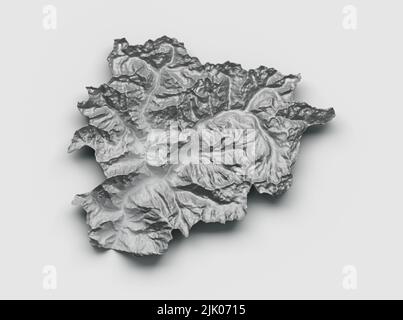 Una rappresentazione 3D di una mappa grigia di Andorra su sfondo grigio Foto Stock