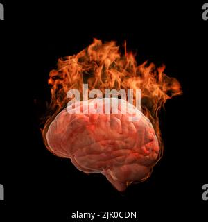 3D rendering di un cervello umano che brucia sul fuoco con fiamma calda Foto Stock