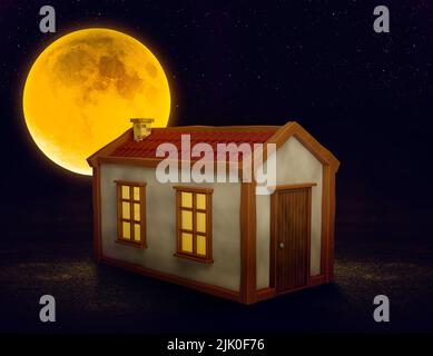 3D rendering casa di cartoni animati. Casa dei bambini. La casa che il bambino ha ritratto nei suoi sogni. Casa di gioco. Poly home bassa. Luna luce, notte. Foto Stock