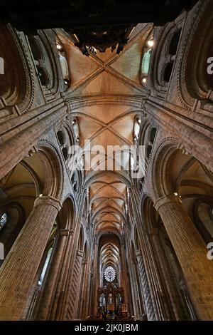 La Cattedrale di Durham costruita nel 1093 dai Normanni è un sito patrimonio dell'umanità dell'UNESCO, qui sono mostrati i pilastri della navata altare e il rosone che contiene il resto Foto Stock