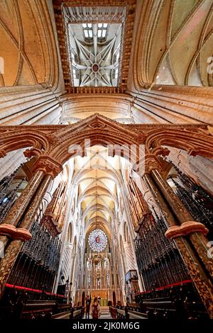 La Cattedrale di Durham costruita nel 1093 dai Normanni, è un sito patrimonio dell'umanità dell'UNESCO e mostra il dettaglio del tetto con tetto ad arco e colonne e la Rosa Orientale Foto Stock