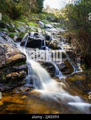 Cascata d'acqua dolce che scende dalla montagna in una foto a lunga esposizione. Navacerrada Madrid Spagna. Foto Stock