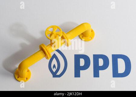 Illustrazione della Prvo plinarsko drustvo (prima compagnia croata di gas (PPD)), una delle entità più significative sul mercato del gas e il più grande importatore di gas naturale nella Repubblica di Croazia il 28 luglio 2022. Prvo plinarsko drustvo (PPD) è una società privata croata di Vukovar che si occupa dell'importazione, della vendita, della fornitura e della distribuzione di gas naturale. Foto: Davor Puklavec/PIXSELL Foto Stock