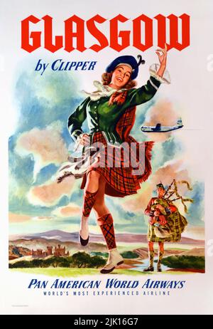 Poster Vintage 1950s Airline - Glasgow di Clipper (ballerino scozzese delle Highland a Kilt) Foto Stock