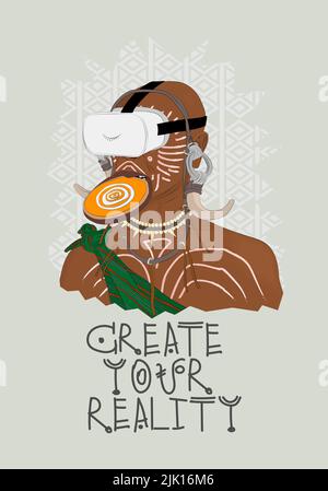 Slogan tipografico con aborigeno africano in visore VR, vettore, illustrazione Foto Stock