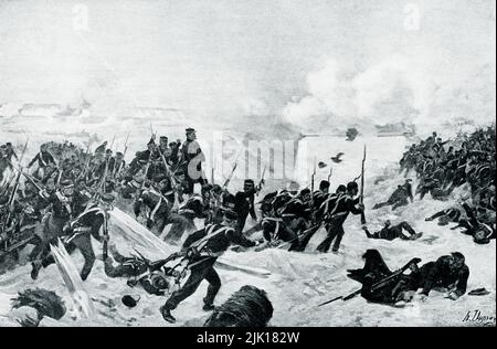 La didascalia del 1906 recita: “ASSALTO FINALE A SEBASTOPOL.—questo ci porta alla guerra nella Crimea quando, nel 1854, Inghilterra, Francia e Italia si unirono per controllare l’avanzata russa su Costantinopoli. Sebastopol, la principale roccaforte russa sul Mar Nero, fu assediata per un anno prima di essere definitivamente catturata. Vediamo qui la colonna inglese degli assediatori che inghiottiscono le mura nell’assalto finale e riuscito”. Nel 1854-55, tredici divisioni alleate e una brigata alleata (forza totale 60.000) iniziarono l'ultimo assalto alla città portuale di Crimea di Sebastapol. L'assalto britannico al Grande Foto Stock
