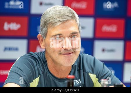 Bruxelles, Belgio. 29th luglio 2022. Il capo allenatore di Anderlecht Felice Mazzu è stato illustrato durante la conferenza stampa settimanale della squadra di calcio belga RSC Anderlecht, venerdì 29 luglio 2022 a Bruxelles, per discutere la prossima partita della competizione nazionale. FOTO DI BELGA NICOLAS MAETERLINCK Credit: Belga News Agency/Alamy Live News Foto Stock