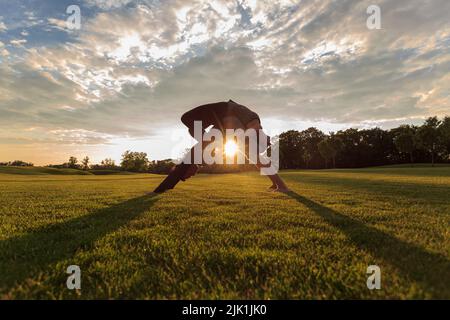 Giovane coppia sana che fa esercizio di yoga acrobatico nel parco Foto Stock