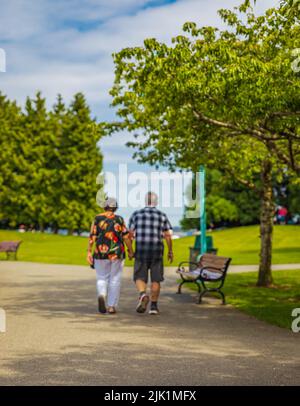 Coppia anziana in una passeggiata nel parco estivo. Immagine sfocata sfocata di una coppia anziana che cammina tenendo le mani. Immagine sfocata. Coppia senior attiva su un Foto Stock