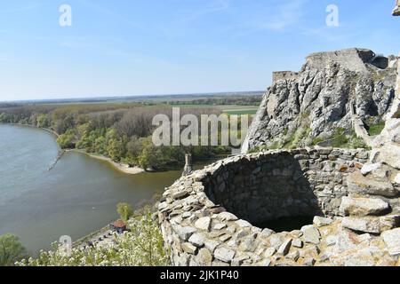 Confluenza dei fiumi Danubio e Morava nei pressi del confine austriaco vicino al castello di Devin, Devin, Bratislava, Slovacchia. Foto Stock