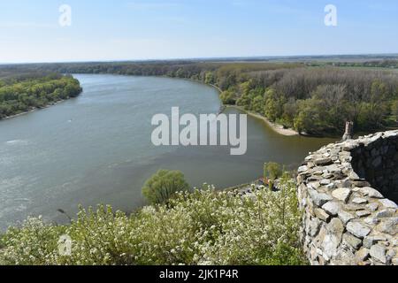 Confluenza dei fiumi Danubio e Morava nei pressi del confine austriaco vicino al castello di Devin, Devin, Bratislava, Slovacchia. Foto Stock