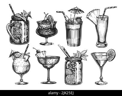 Cocktail disegnati a mano, isolati sul bianco. Succo di frutta, bevande alcoliche in bicchieri. Illustrazione del menu del ristorante o del caffè Foto Stock