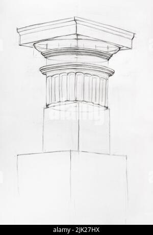 Fase di studio disegno di capitale dorico disegnato a mano da matita nera su carta bianca Foto Stock