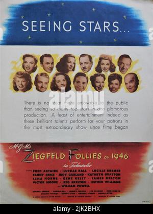 US TRADE AD PER JUDY GARLAND GENE KELLY KATHRYN GRAYSON WILLIAM POWELL ESTHER WILLIAMS FRED ASTAIRE LUCILLE PALLA ROSSA SKELTON LUCILLE BREMER JAMES MELTON FANNIE BRICE LENA HORNE E VICTOR MOORE IN ZIEGFELD FOLLIE DEL 1946 AKA ZIEGFELD FOLLIES 1945 direttore VINCENTE MINNELLI (ed altri) produttore Arthur Freed Metro Goldwyn Mayer Foto Stock