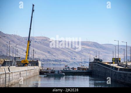 Un equipaggio di addetti alla manutenzione e specialisti delle risorse naturali presso il Portland District, il corpo degli ingegneri (Corps) degli Stati Uniti mette una paratia galleggiante, un muro mobile utilizzato per bloccare il flusso d'acqua In posizione dietro il cancello laterale a monte del blocco di navigazione John Day Dam, situato sul fiume Columbia vicino a Rufus, Oregon, 26 luglio a seguito di un malfunzionamento del cancello a causa di una ruota guida rotta. Mentre il corpo lavora per fissare il cancello a sollevamento verticale da 215.000 libbre, continua a passare i vasi attraverso la serratura utilizzando essenzialmente la paratia flottante, nota anche come un cassettone, come un Foto Stock